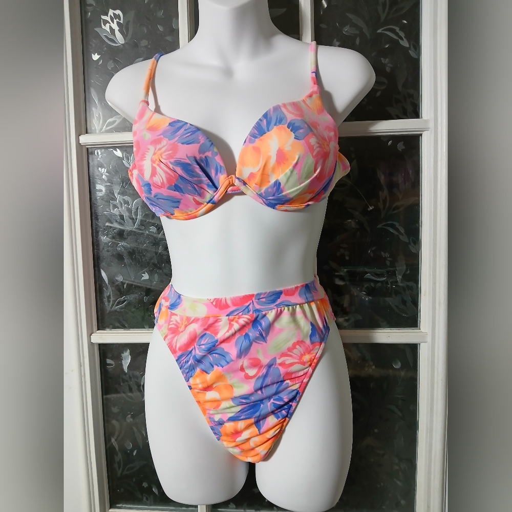Vintage Venus Neon Hawaiian 1990s Bikini C cup/M Bottoms Padded Hot Pink Floral